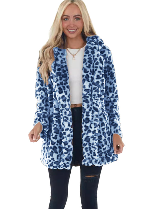 Damen Kunstfell Leopardenmuster Kapuzen Plüsch Mid-Length Mantel Shop Nory