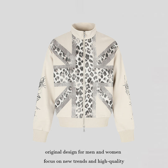Damen Zip-Sweatjacke mit Stehkragen und Leoparden‑Union‑Jack‑Print Shop Nory