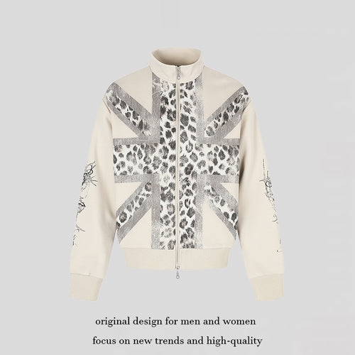 Damen Zip-Sweatjacke mit Stehkragen und Leoparden‑Union‑Jack‑Print Shop Nory