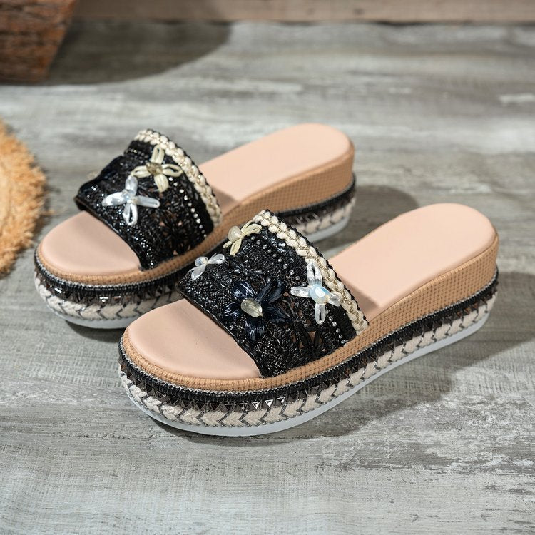 Damen Riemensandalen mit modischer Schmuckverzierung und Plateau-Rand