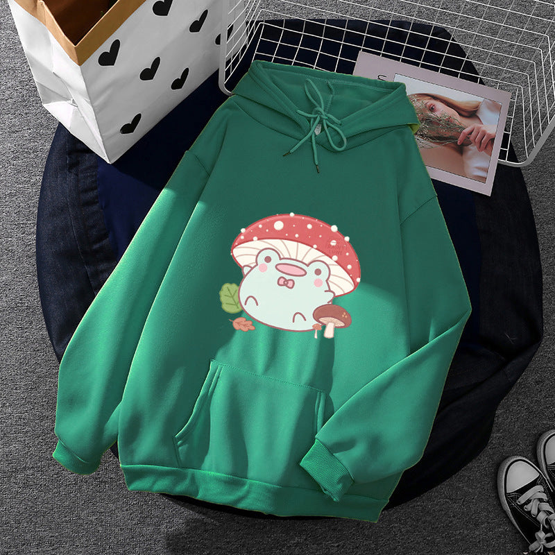 Damen nan weicher Oversize-Kapuzenpullover mit kawaii Pilzfrosch-Print, Kängurutasche und gerippten Bündchen Shop Nory