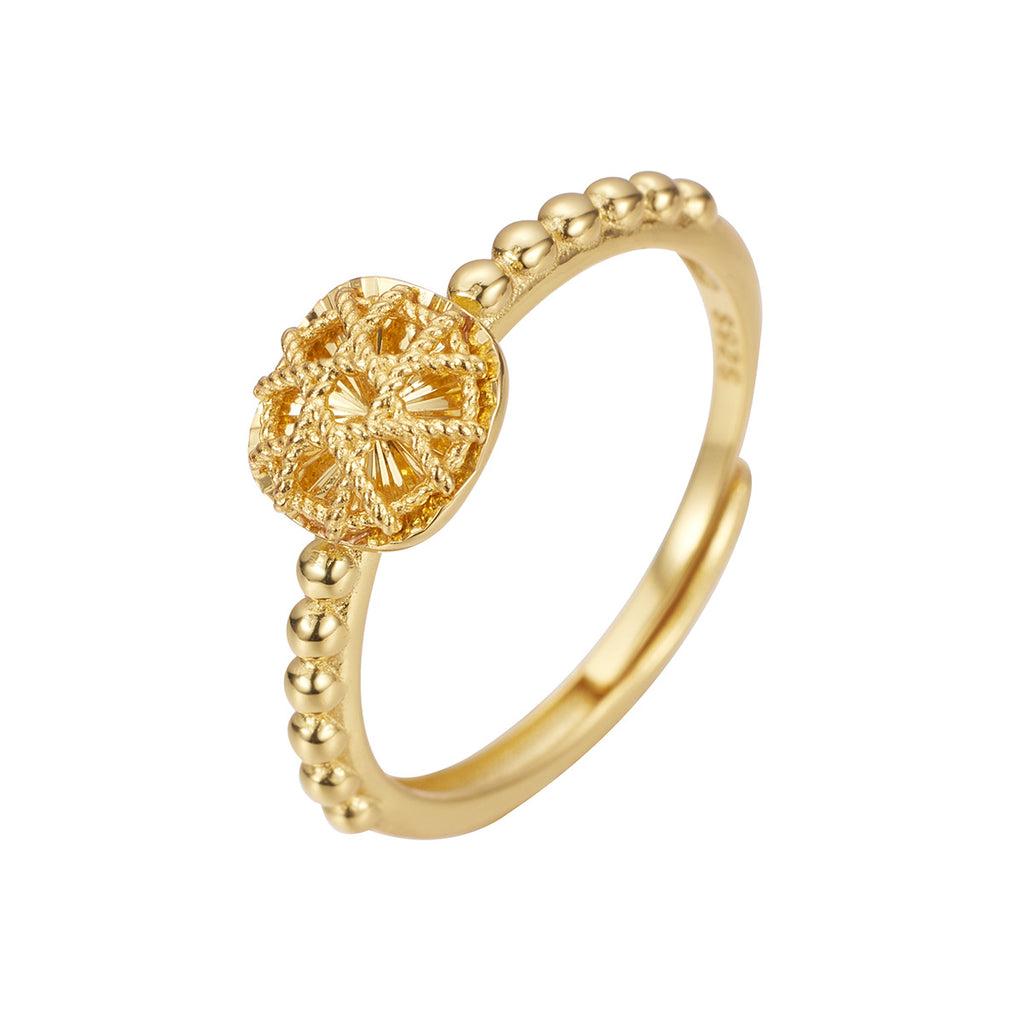 Damen goldfarbener Ring mit filigranem Blütenanhänger und eleganter Kugelkette Shop Nory