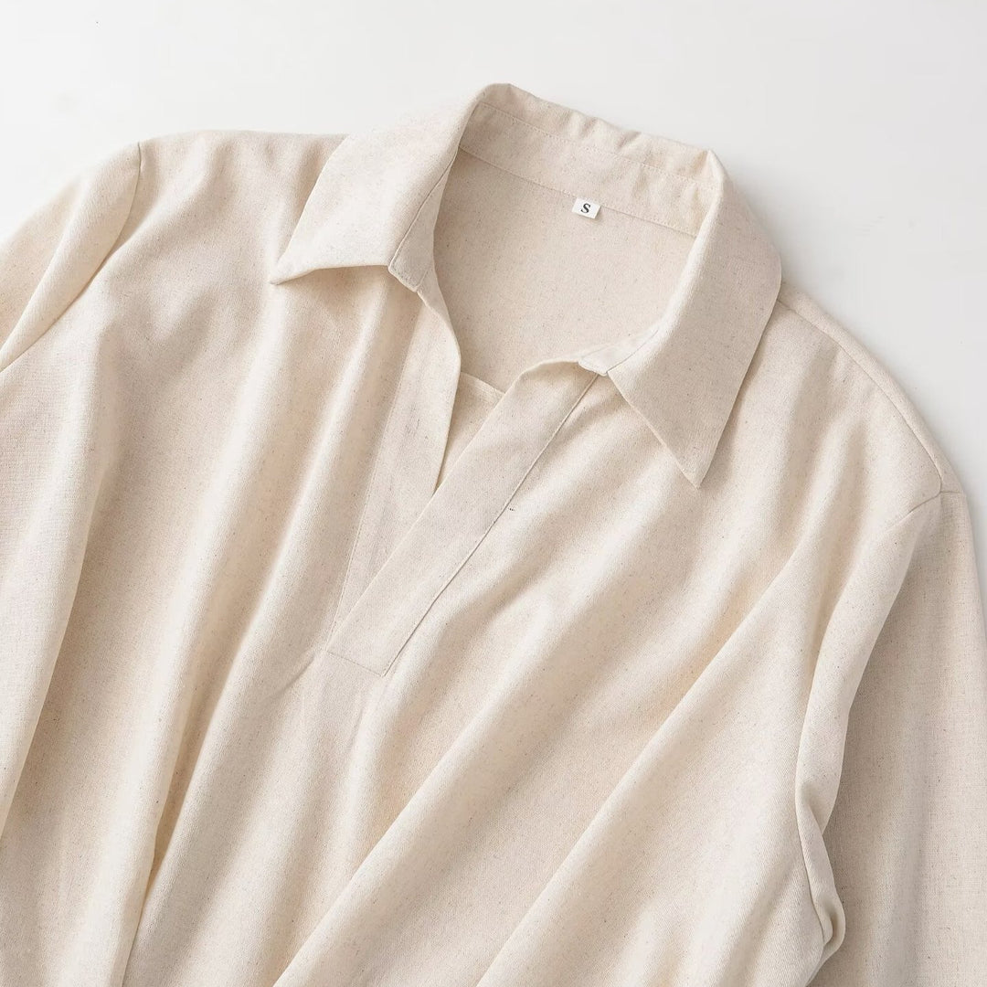 Damen Oversize-Leinenbluse mit offenem V‑Ausschnitt und gerafftem Saum Shop Nory