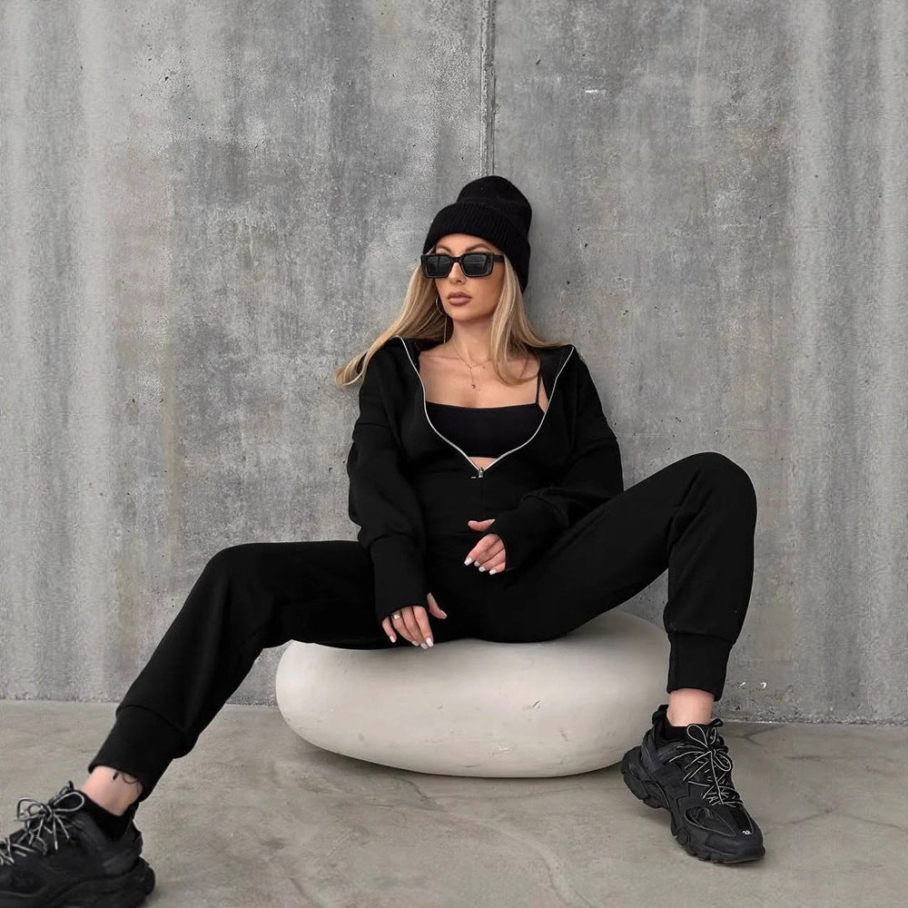 Damen Figurbetontes Kapuzen-Loungewear-Set mit tailliertem Zip-Hoodie und High-Waist Jogginghose Shop Nory