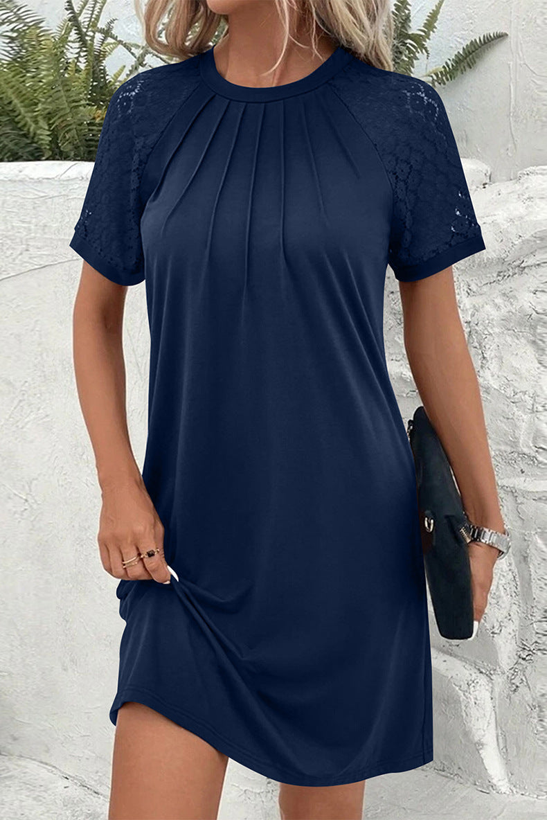 Damen Kurzärmeliges Freizeitkleid mit Faltenoberteil und Spitzeneinsätzen Shop Nory