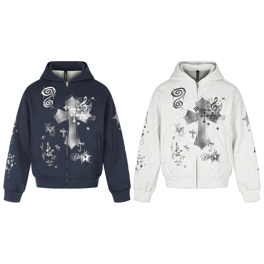 Unisex Bedruckte Kapuzen‑Zipjacke im lässigen Boxy‑Cut mit durchgehendem Reißverschluss Shop Nory