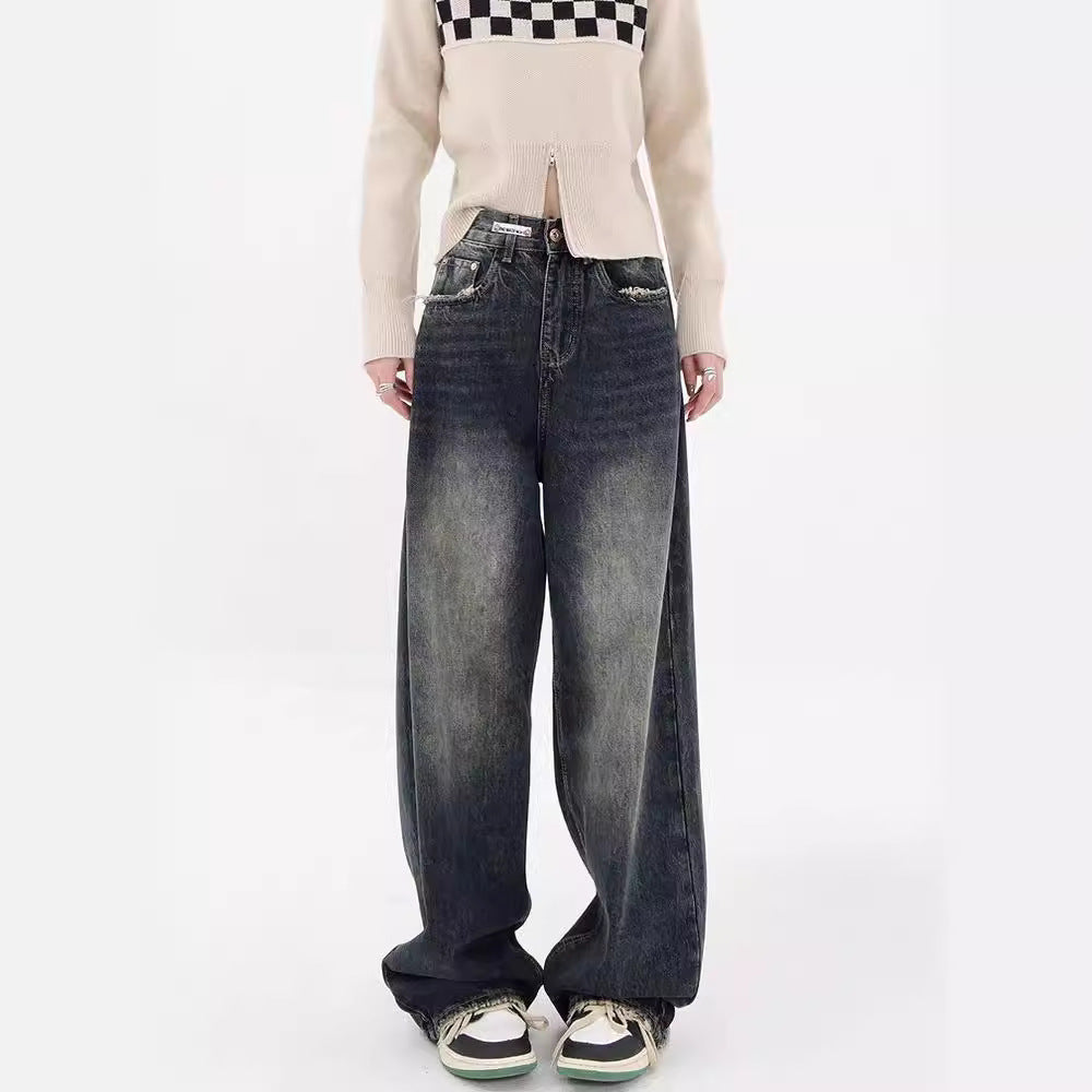 Damen Weite Baggy-Jeans mit authentischem Used-Look