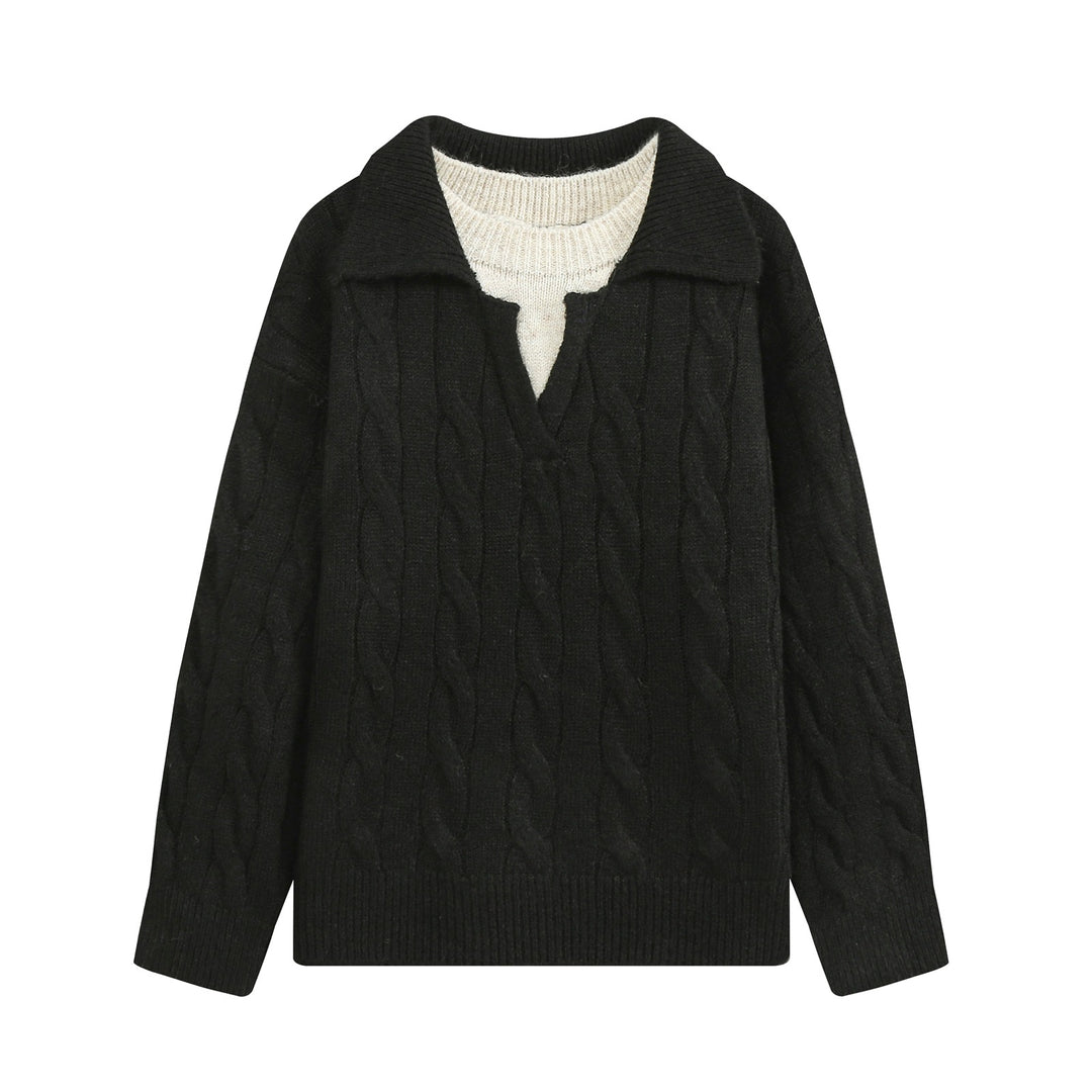 Damen Grobgestrickter Zopfmuster-Pullover mit offenem Polokragen und V‑Ausschnitt Shop Nory