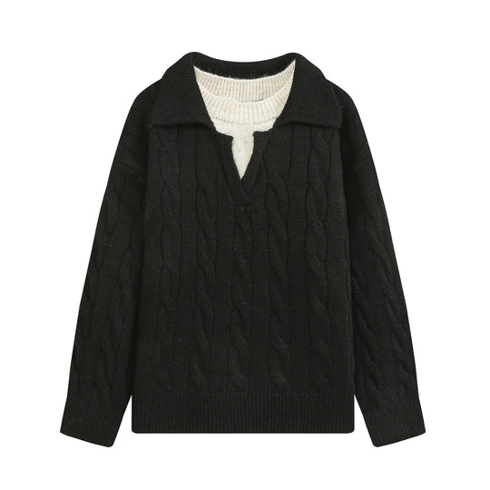 Damen Grobgestrickter Zopfmuster-Pullover mit offenem Polokragen und V‑Ausschnitt Shop Nory
