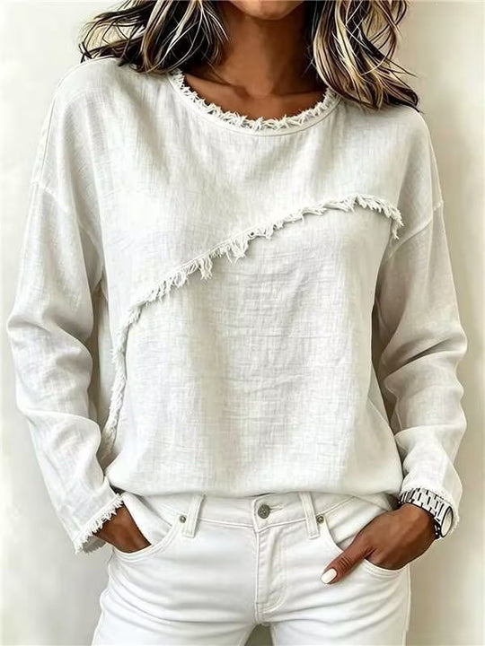 Damen Legeres Longsleeve mit diagonaler Fransenapplikation und ausgefranstem Rundhals Shop Nory
