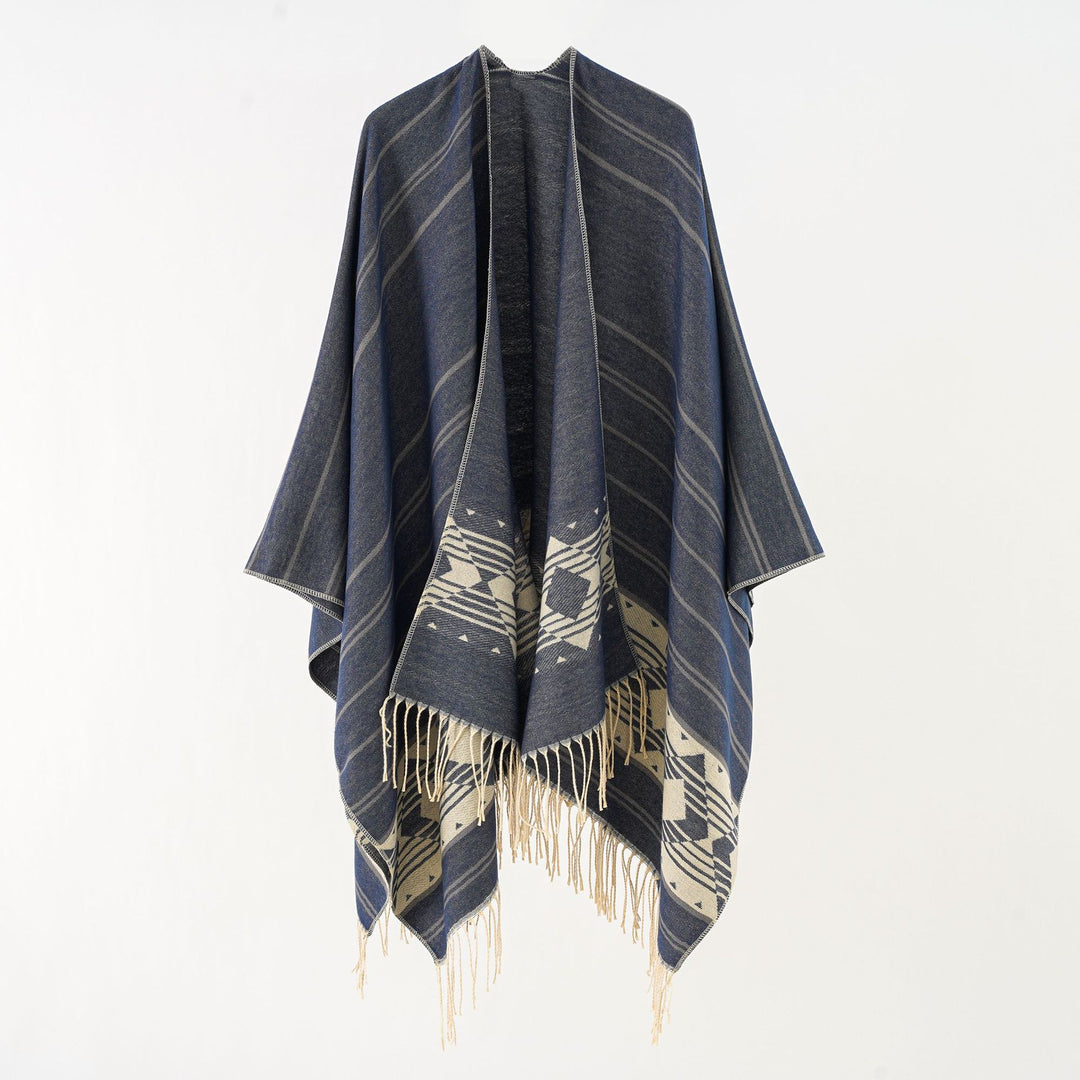 Damen Wollmix-Ruana im grafischen Ethno-Jacquard mit Fransensaum Shop Nory