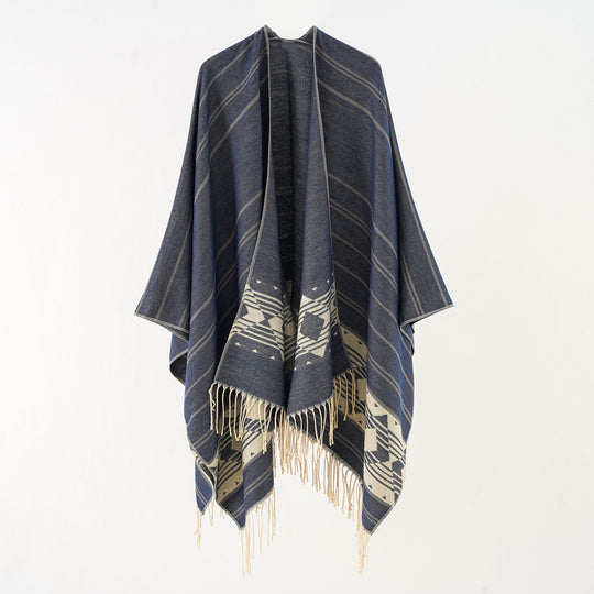 Damen Wollmix-Ruana im grafischen Ethno-Jacquard mit Fransensaum Shop Nory