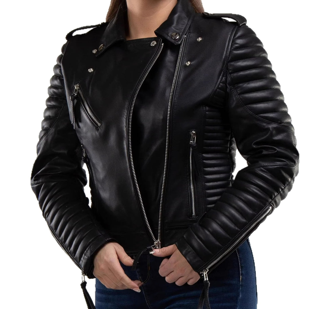 Damen Modische Lederbikerjacke mit Steppdetails
