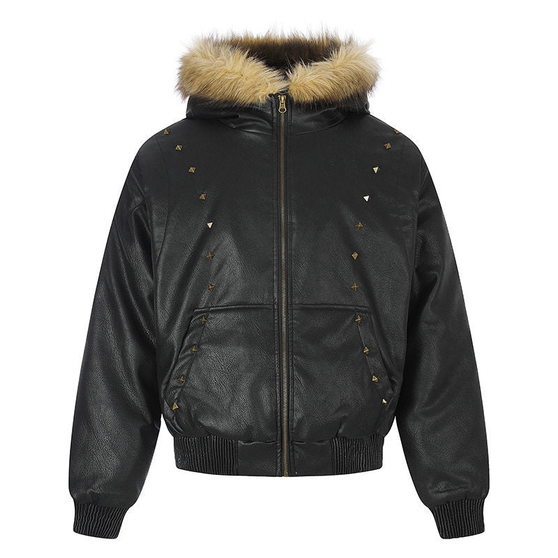Damen Kunstleder-Bomberjacke mit Kapuze, Kunstfellbesatz und dekorativen Nieten Shop Nory