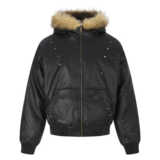 Damen Kunstleder-Bomberjacke mit Kapuze, Kunstfellbesatz und dekorativen Nieten Shop Nory