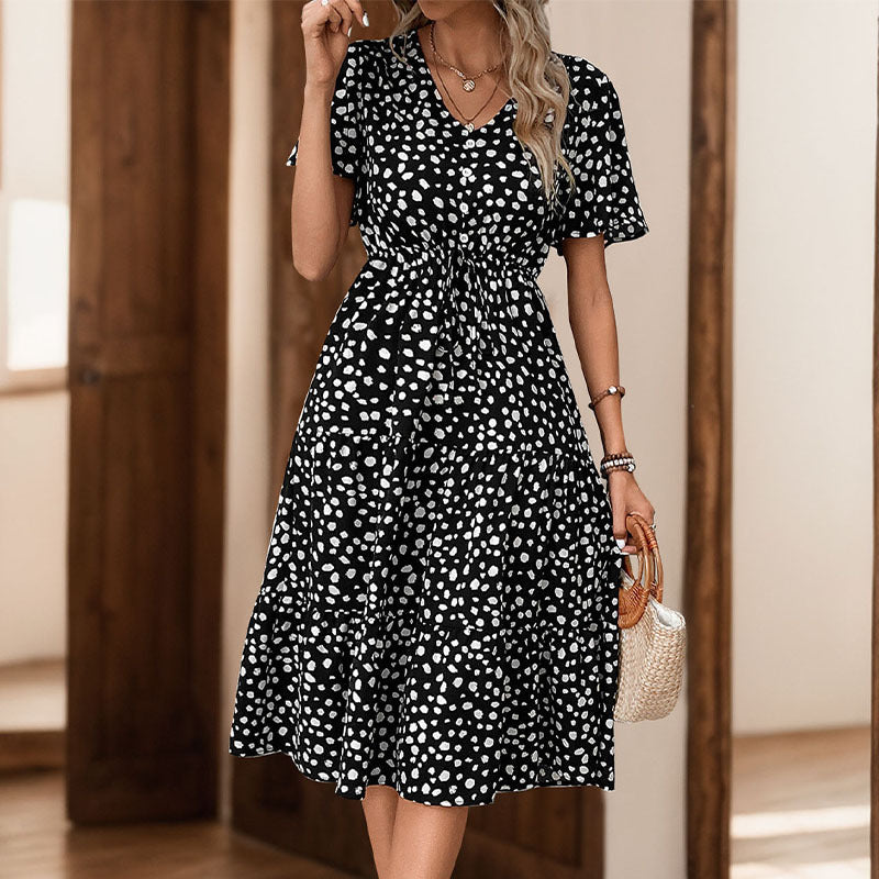 Damen Midi-Kleid mit Puffärmeln und modischem Punktmuster Shopnory