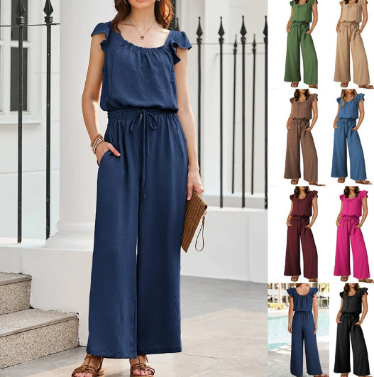 Damen Crinkle-Overall mit weitem Bein, elastischem Taillenbund und Rüschenärmeln Shop Nory