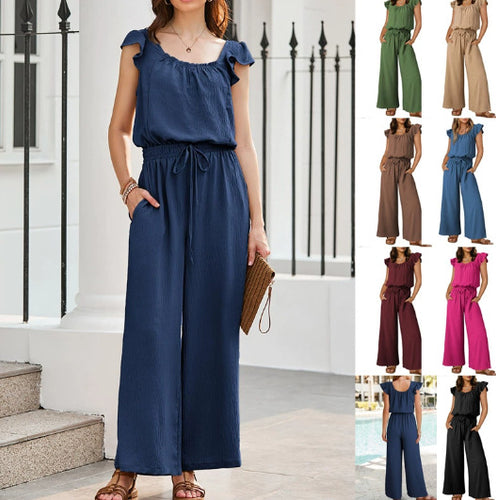 Damen Crinkle-Overall mit weitem Bein, elastischem Taillenbund und Rüschenärmeln Shop Nory