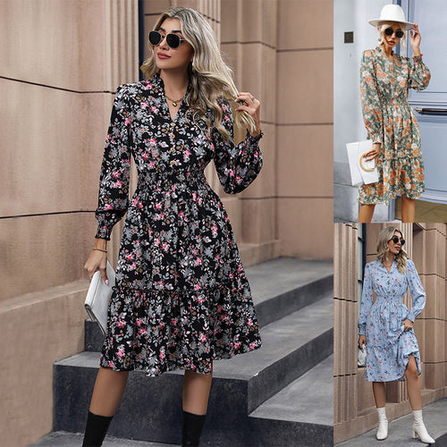 Damen Midikleid mit floralem Alloverprint, gerafftem Smock-Taillenbund und Volant-Saum Shop Nory