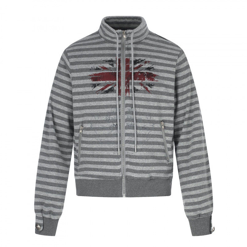 Unisex Gestreifter Zip-Hoodie mit Troyerkragen, Brust-Print und Reißverschlusstaschen Shop Nory