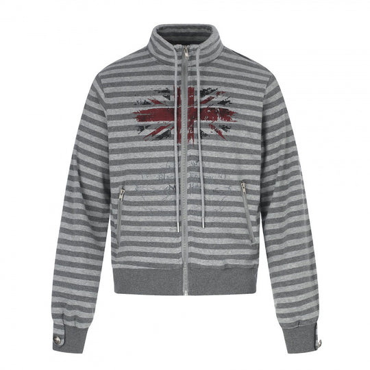 Unisex Gestreifter Zip-Hoodie mit Troyerkragen, Brust-Print und Reißverschlusstaschen Shop Nory