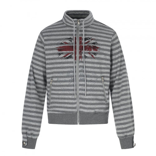Unisex Gestreifter Zip-Hoodie mit Troyerkragen, Brust-Print und Reißverschlusstaschen Shop Nory