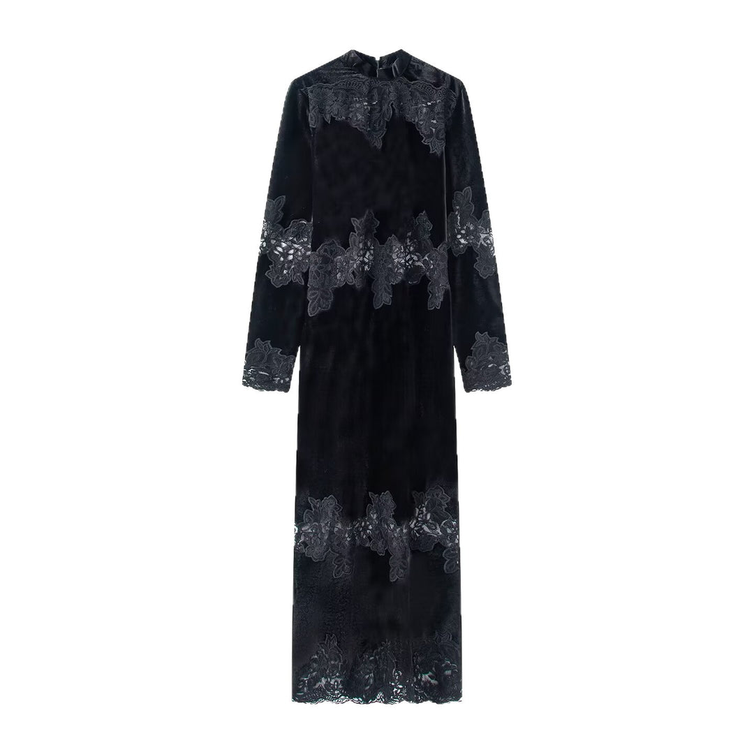Damen Samt-Maxikleid mit Spitzenbesatz, Stehkragen und langen Ärmeln Shop Nory