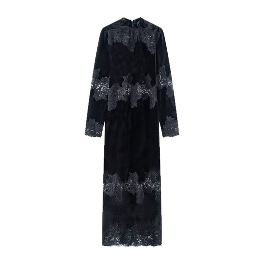 Damen Samt-Maxikleid mit Spitzenbesatz, Stehkragen und langen Ärmeln Shop Nory
