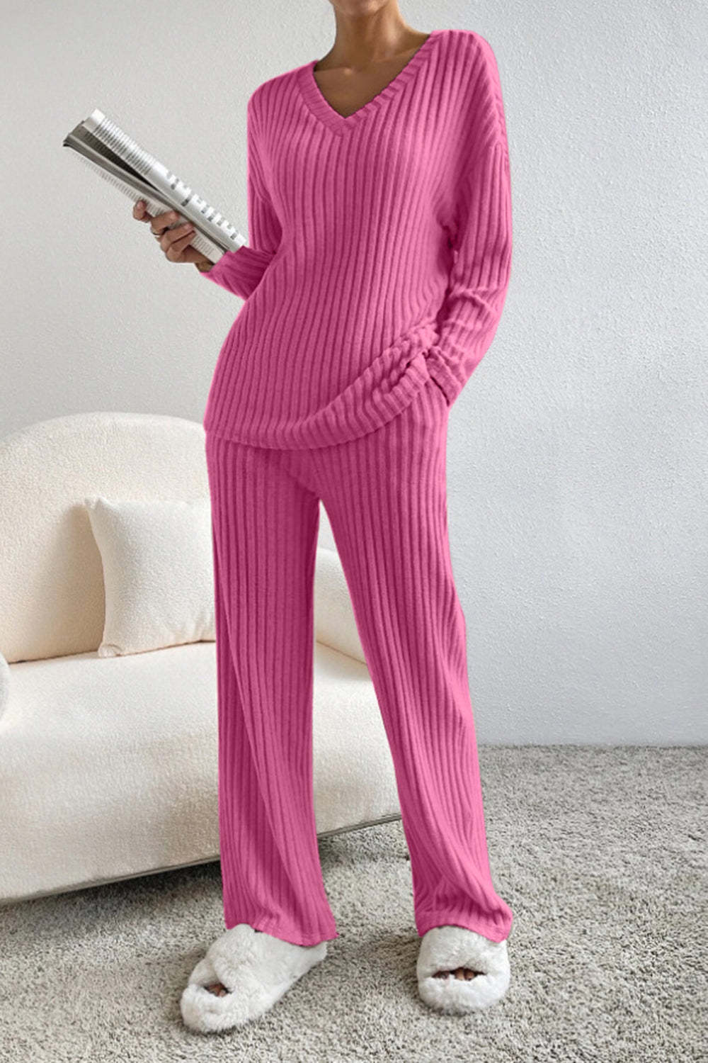 Damen komfortabler Ripp-Strickanzug mit weitem Schnitt