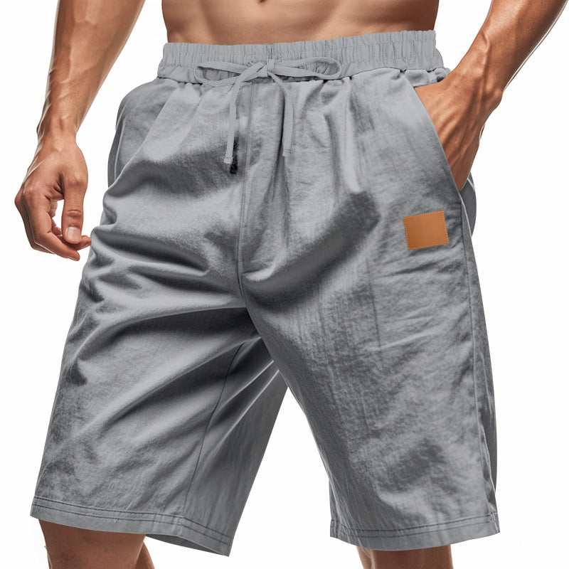 Herren nan leichte Freizeit-Bermudashorts mit Elastikbund, Kordelzug und dezenter Lederapplikation