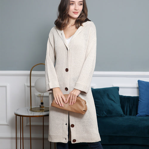 Damen Kapuzen-Longcardigan aus mitteldickem Rippstrick mit durchgehender Knopfleiste und lockerem Oversize-Schnitt Shop Nory