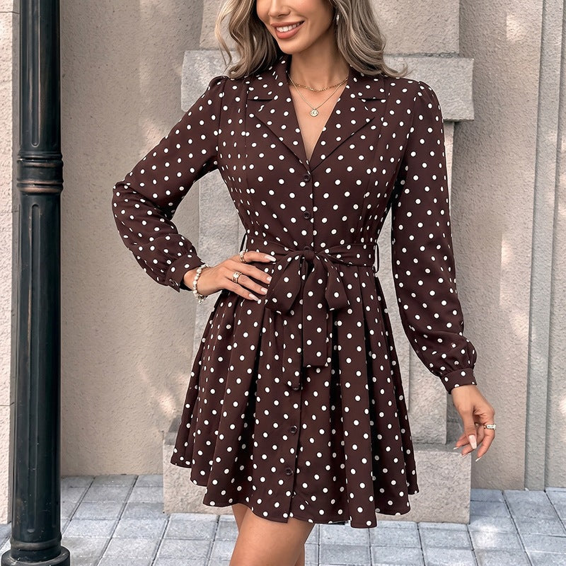 Damen Gepunktetes Hemdblusenkleid mit Taillengürtel und schwingender A-Linie Shop Nory