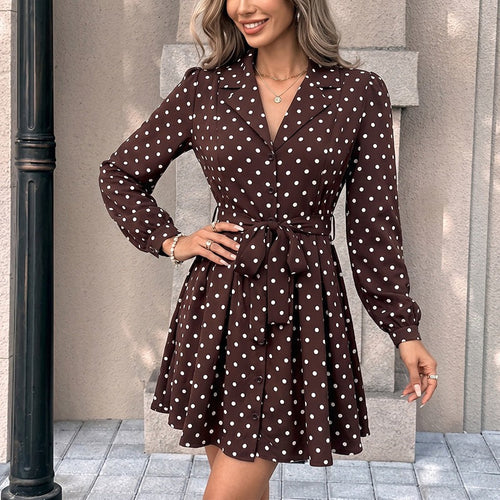 Damen Gepunktetes Hemdblusenkleid mit Taillengürtel und schwingender A-Linie Shop Nory