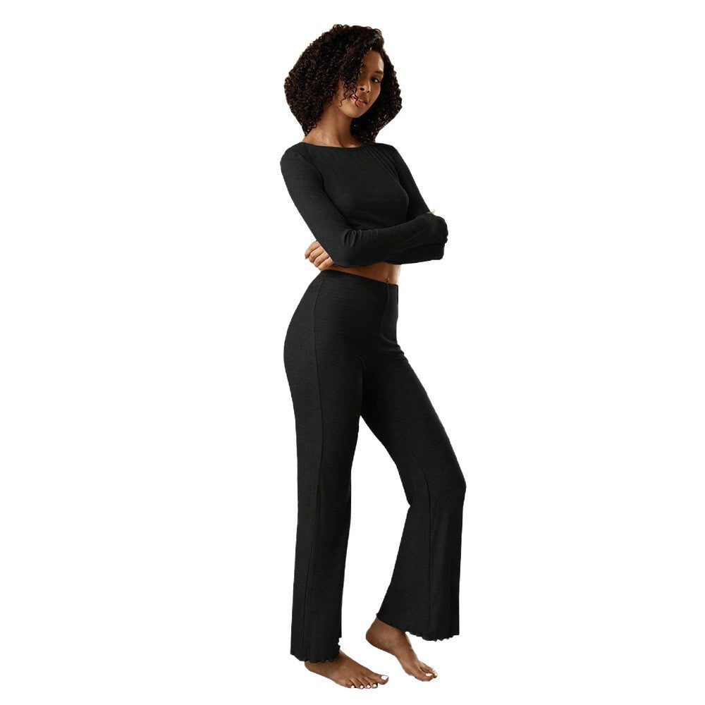 Damen geripptes Lounge-Set mit Cropped-Longsleeve und Highwaist-Leggings Shop Nory
