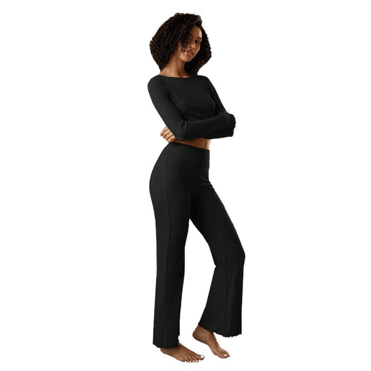 Damen geripptes Lounge-Set mit Cropped-Longsleeve und Highwaist-Leggings Shop Nory