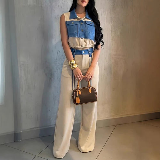 Damen Zweiteiliges Set mit Ärmellosem Jeans-Croptop und hochtaillierter Weitbein-Hose Shop Nory