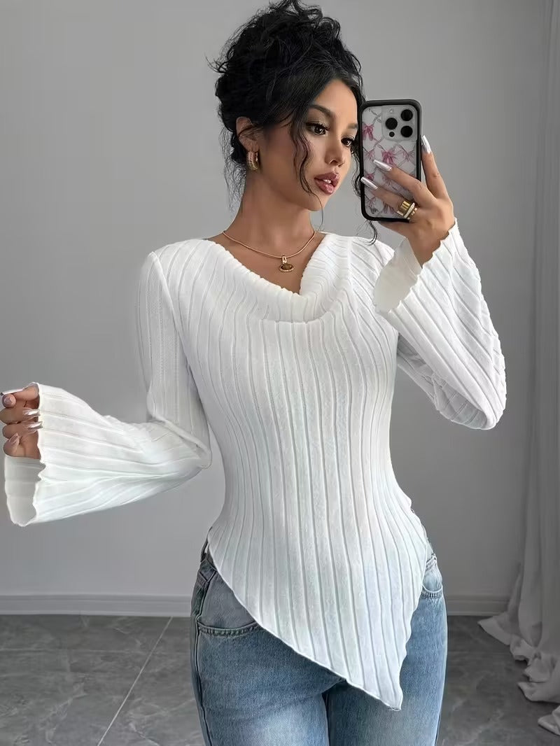 Damen Asymmetrischer Gerippter Feinstrickpullover mit V-Ausschnitt Shop Nory