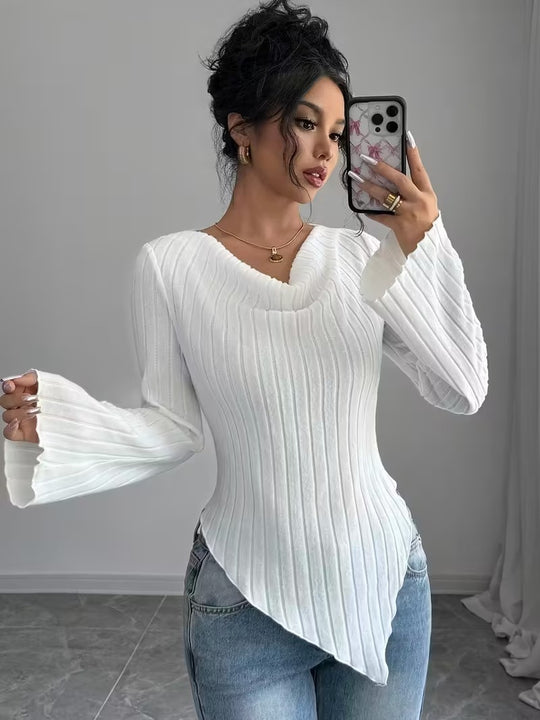 Damen Asymmetrischer Gerippter Feinstrickpullover mit V-Ausschnitt Shop Nory