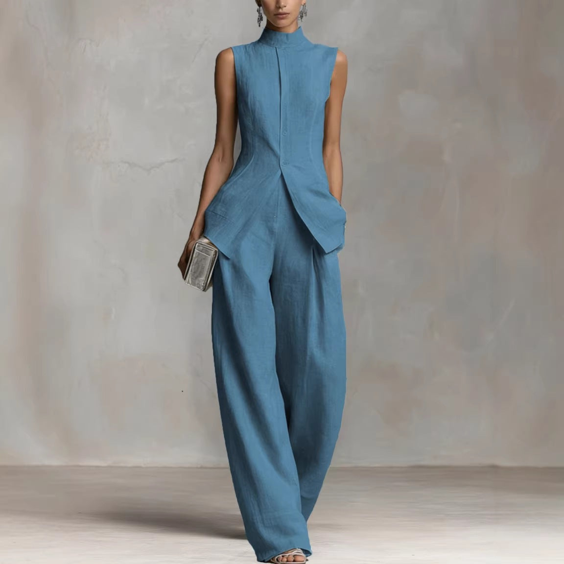 Damen Eleganter suit mit hochgeschlossenem Kragen und weitem Bein