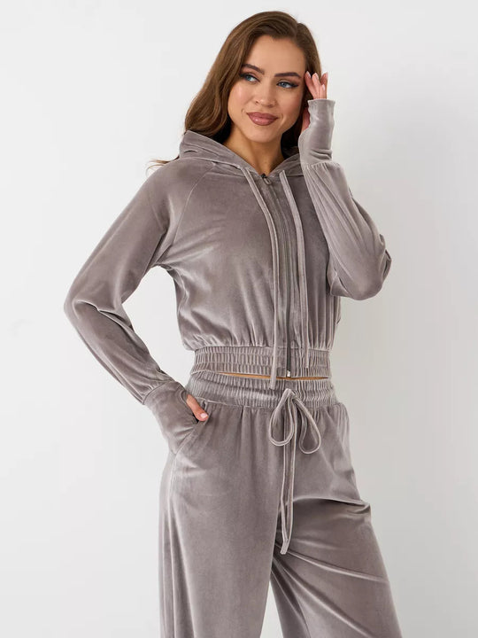 Damen luxuriöses Velours-Lounge-Set mit kurzem Reißverschluss-Hoodie und weitem Comfort-Hose Shop Nory
