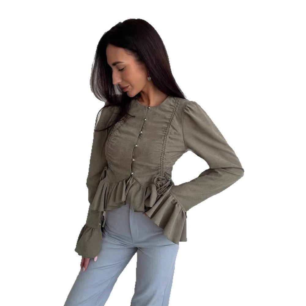 Damen Rüschenbesetzte taillierte Bluse mit Schößchen & Puffärmeln Shop Nory