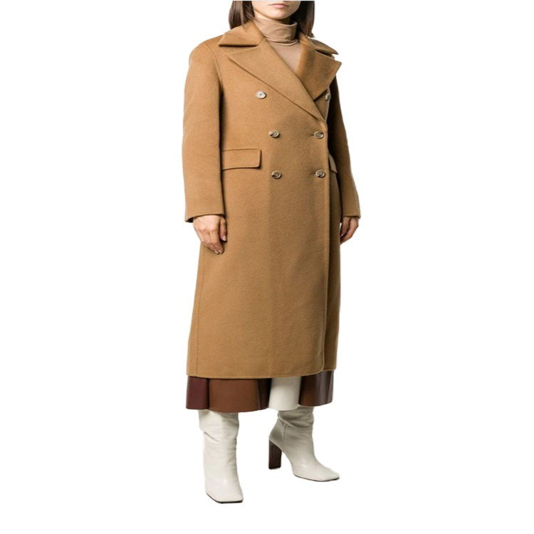 Damen Bodenlanger Zweireihiger Wollmix-Longcoat mit dezentem Gehschlitz und breitem Schalkragen Shop Nory