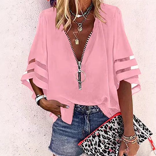 Damen V‑Ausschnitt Bluse mit dekorativem Ringreißverschluss und Cut-Out-Ärmeln Shop Nory