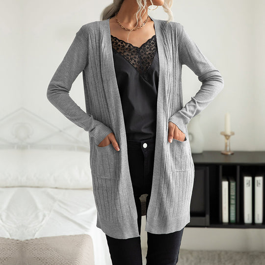 Damen Langer Feinstrick-Cardigan mit Rippenstruktur und Eingrifftaschen Shop Nory