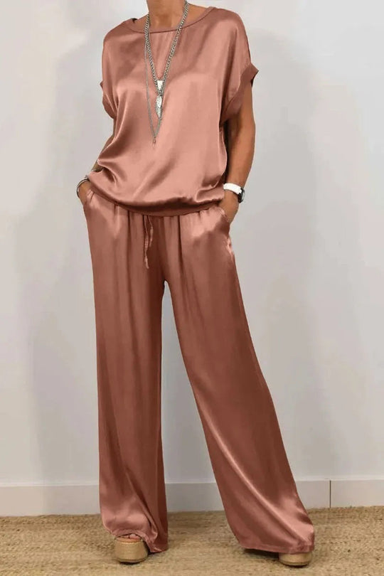 Damen Elegantes Satin Lounge-Set mit weitem Schnitt und lässigem Oberteil