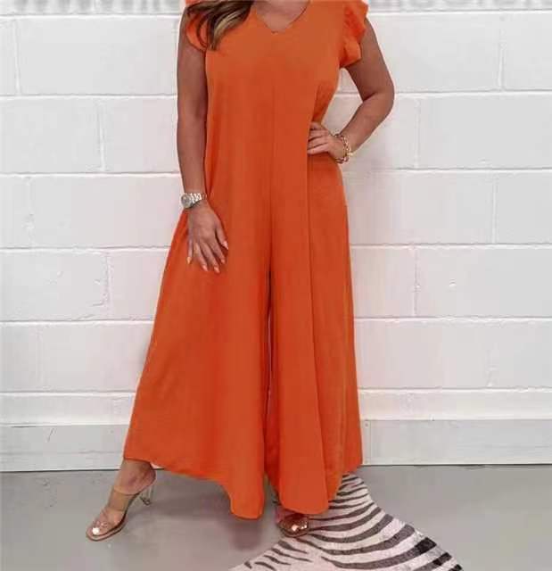 Damen luftiger Jumpsuit mit weit geschnittenem Bein und V-Ausschnitt
