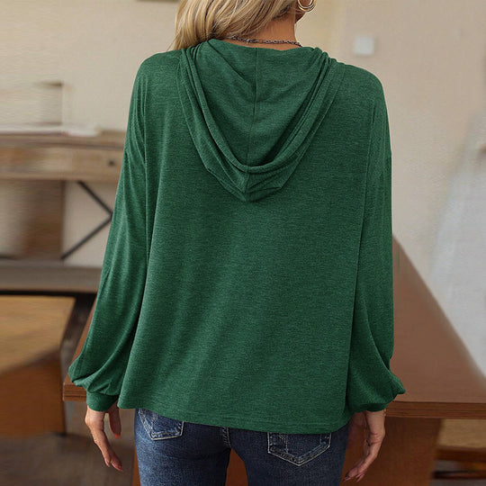 Damen lässiges Kapuzen-Longsleeve mit V‑Ausschnitt, Knopfleiste und gerafften Manschetten Shop Nory