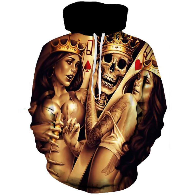 Herren Kapuzenpullover mit allover Totenkopf- und Spielkarten-Grafik Shop Nory