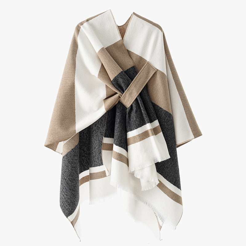 Damen Oversize-Capeponcho aus Wollmix mit Bindeschlaufe und Streifenbordüre Shop Nory