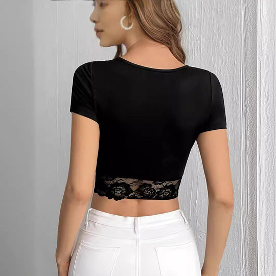 Damen nan kurzes figurbetontes Crop-Top mit gerafftem V-Ausschnitt und transparenter Spitzenborte